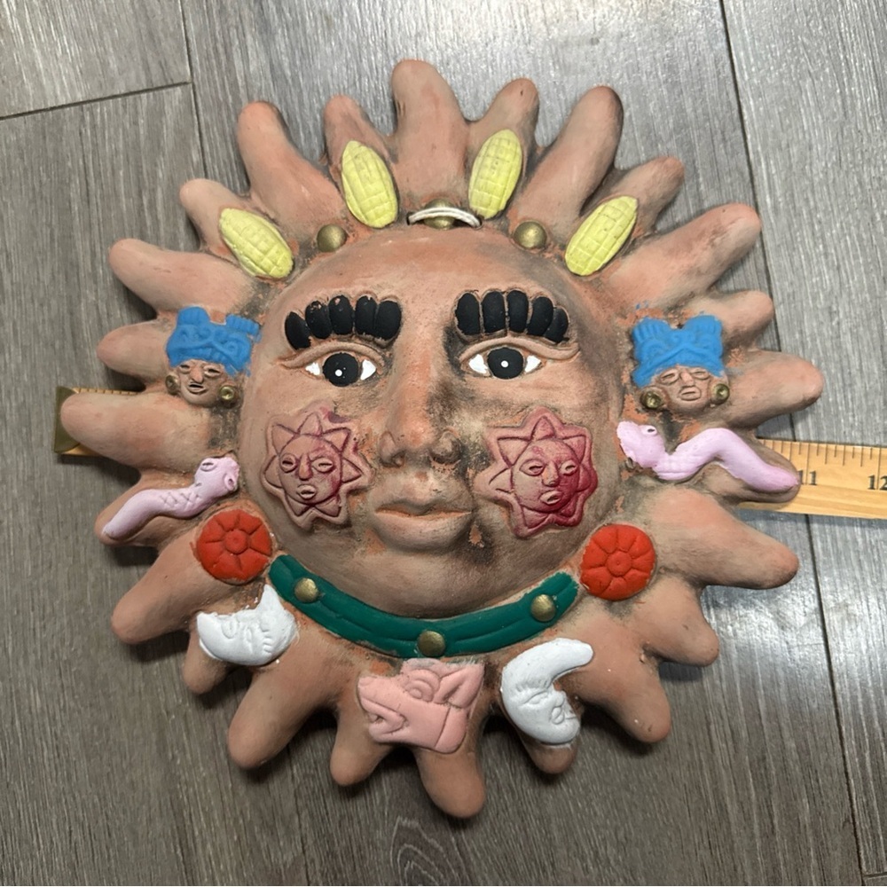 Hand painted terracotta folk art sun god Face Wall Art Garden Decor